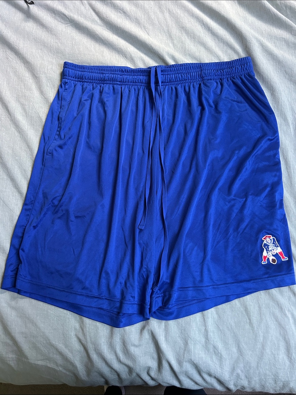 Men's Athletic Drawstring Shorts in Deep Blue with Patriots patch